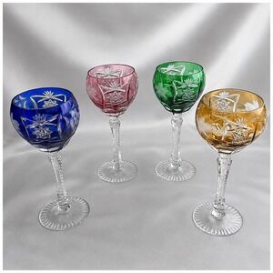 Bohemian Cut to Clear 4 colors Crystal Wine Hocks Glasses 8.25in
